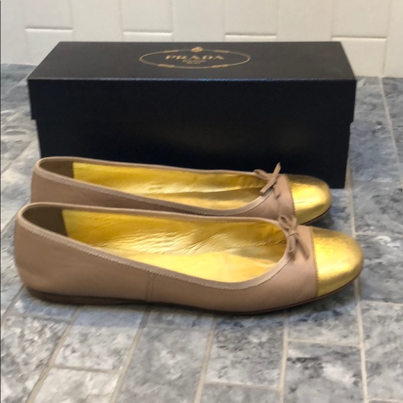 Prada Gold & Tan Ballet Flats - Picture 2 of 7